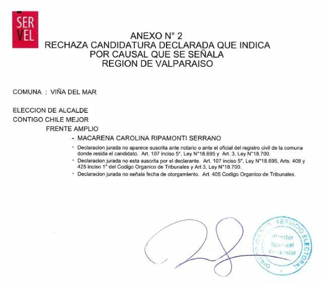 Servel rechaza candidatura de Ripamonti