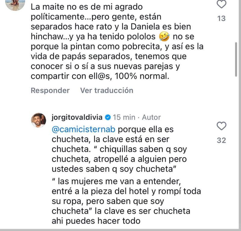 Jorge Valdivia arremetió contra Daniela Aránguiz en un comentario - Créditos: Captura
