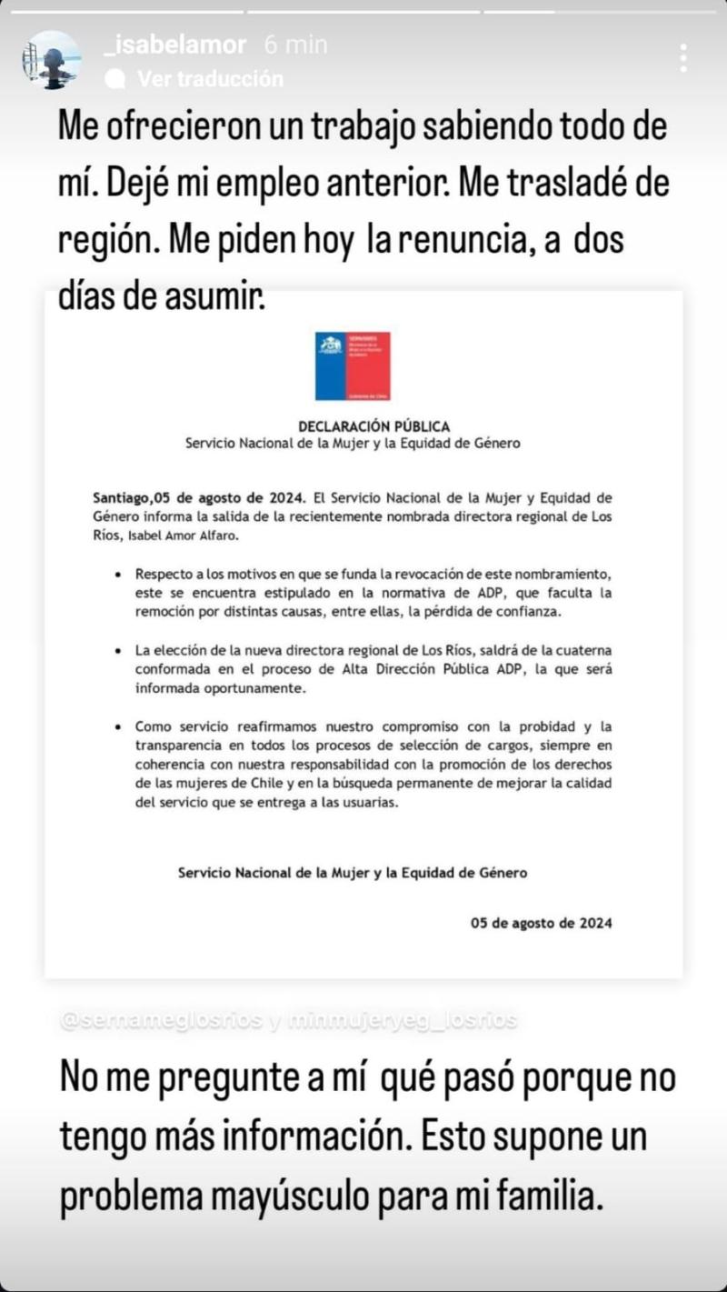 Instagram Isabel Amor, removida como directora SernamEG Los Ríos