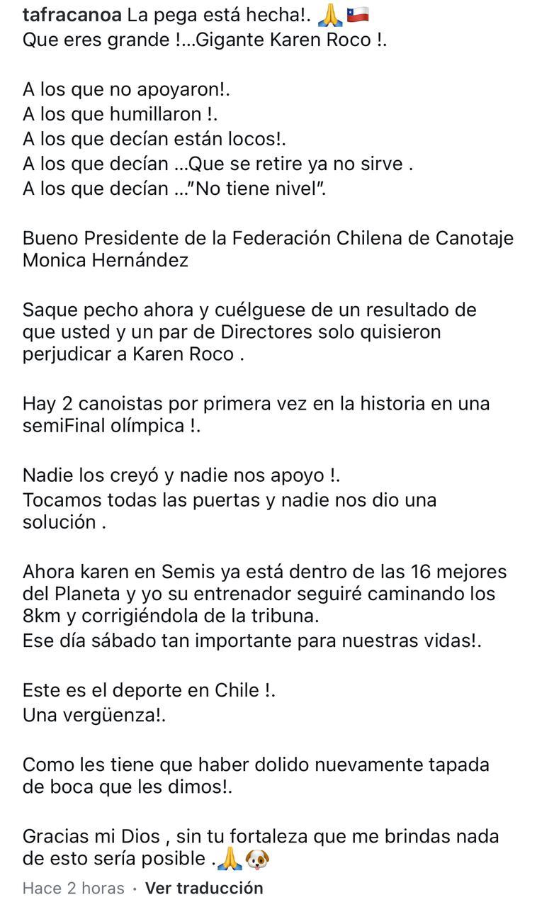 El potente mensaje de Jonathan Tafra, entrenador de Karen Roco - Créditos: Captura