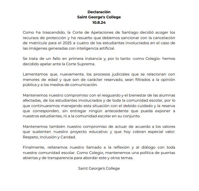 Colegio Saint George apelará ante Suprema por fallo que ordena cancelar matrícula de alumnos que adulteraron fotos de compañeras