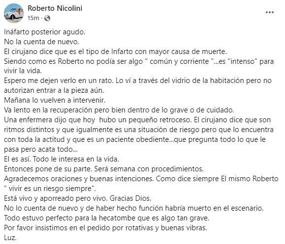 Actualizan estado de Roberto Nicolini