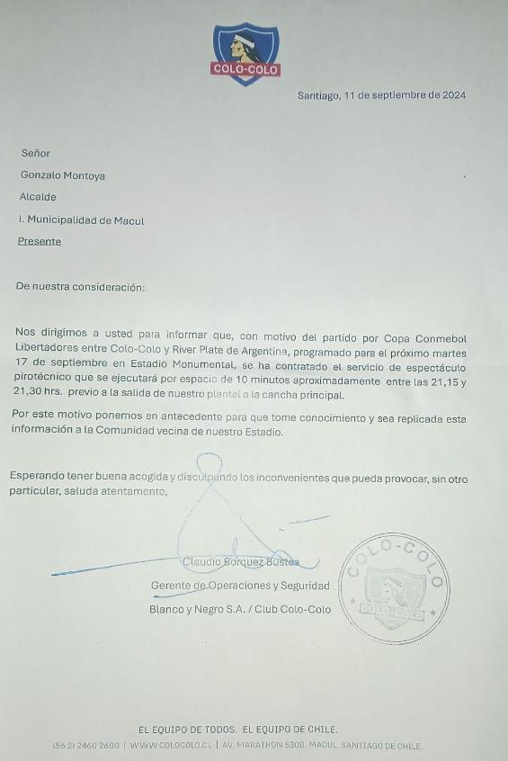 Esta es la carta que ByN envió a la Municipalidad de Macul para realizar recibimiento a Colo Colo - Créditos: Captura