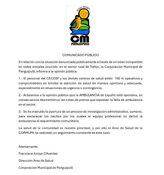 Comunicado de Panguipulli por incidente de la carretilla en Trafún