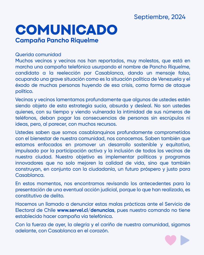 Comunicado de Francisco Riquelme, alcalde de Casablanca