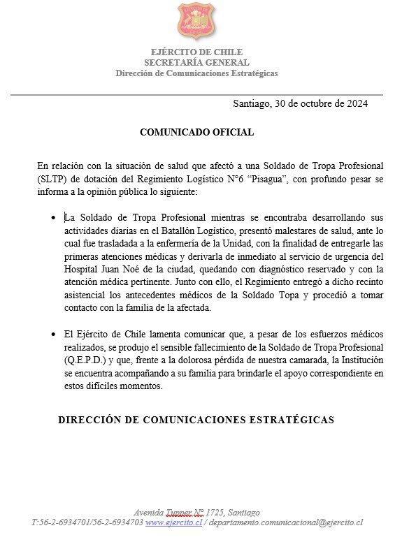 Ejército de Chile confirmó muerte de una soldado