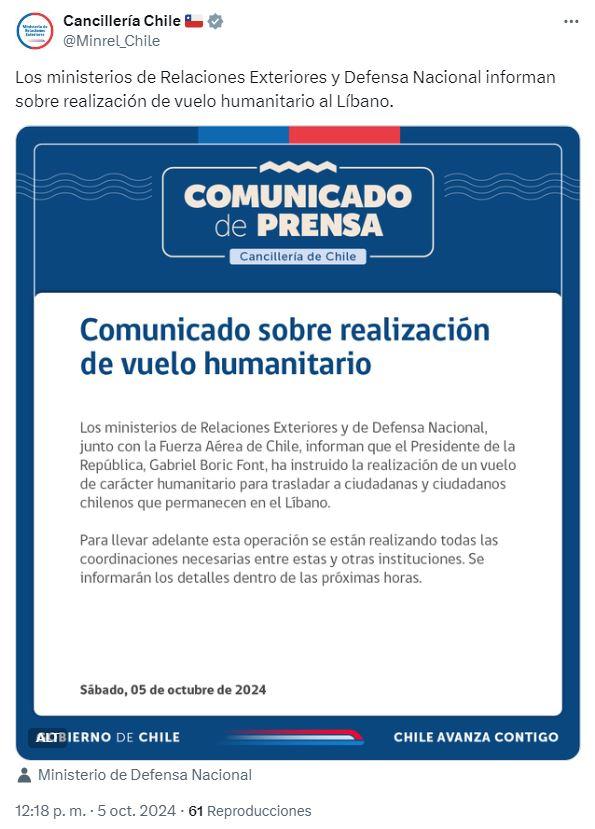 Vuelo humanitario Líbano-Chile /Cancillería