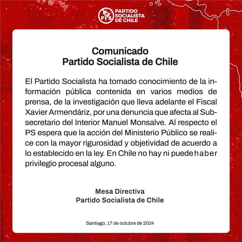 Partido Socialista por denuncia contra subsecretario Monsalve