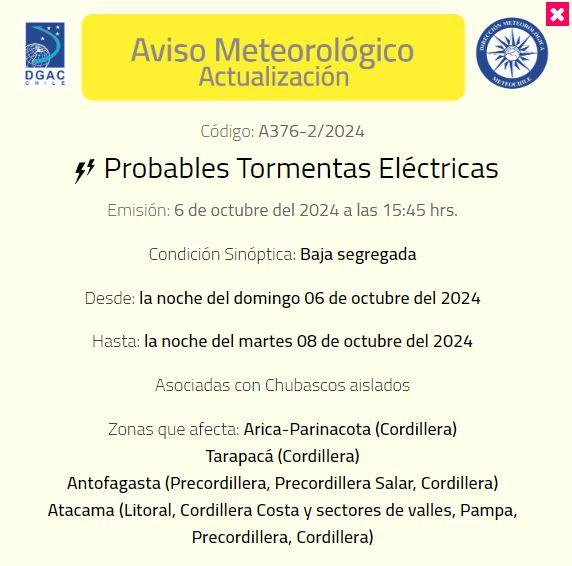Emiten aviso por tormentas eléctricas en ocho regiones del país