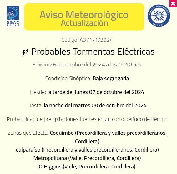 Emiten aviso por tormentas eléctricas en ocho regiones del país