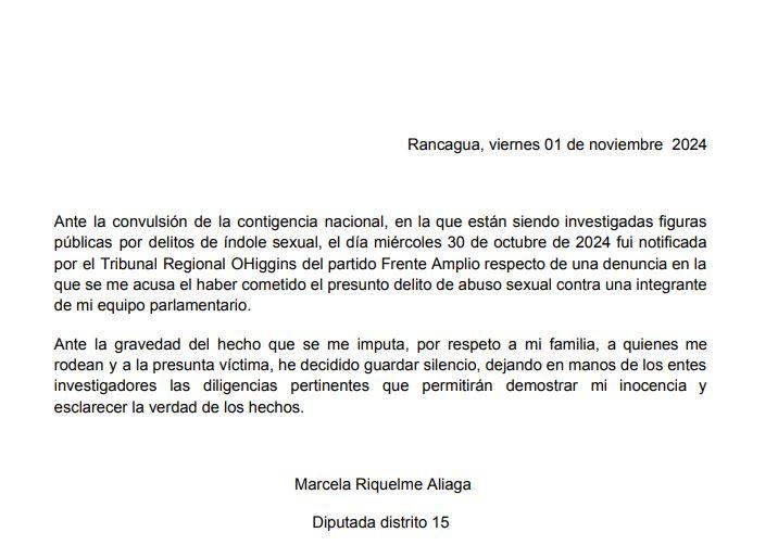 Comunicado diputada Marcela Riquelme
