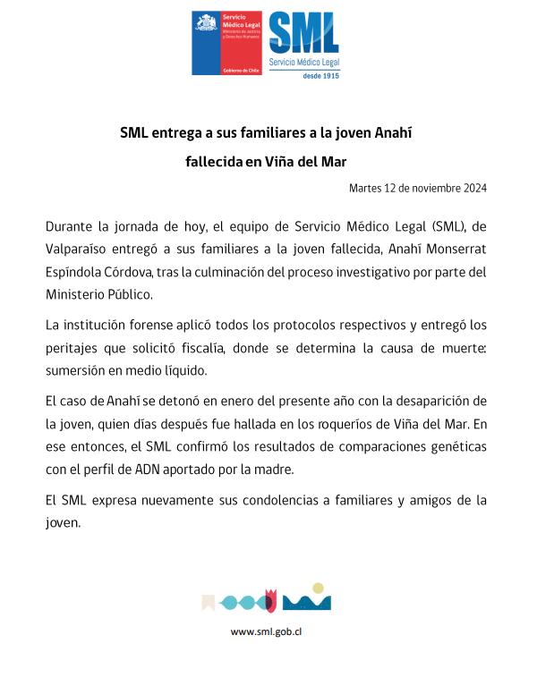 SML de Valparaíso entrega cuerpo de Anahí Espíndola y establece causa de muerte