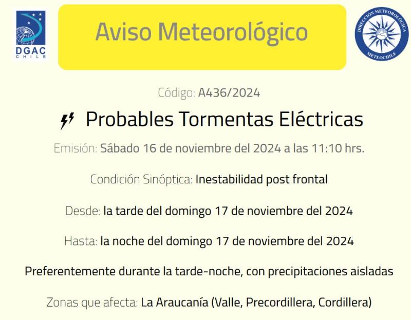 Previo a las altas temperaturas, habrán tormentas eléctricas en La Araucanía