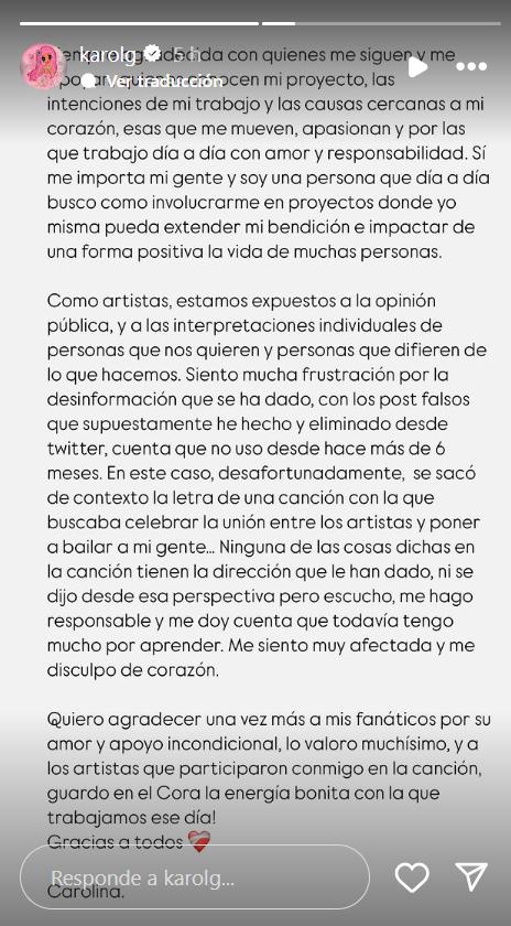 Karol G responde a polémica por '+57' - Instagram