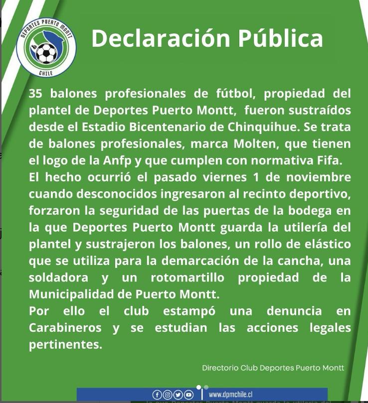 El comunicado oficial del club - Créditos: Deportes Puerto Montt