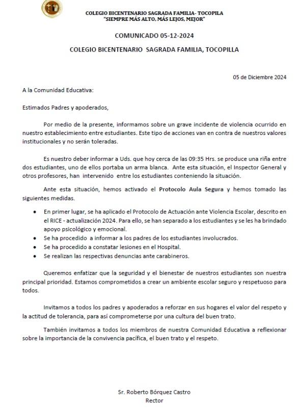 Comunicado del Colegio Sagrada Familia de Tocopilla (Cosafa) por violenta riña entre estudiantes