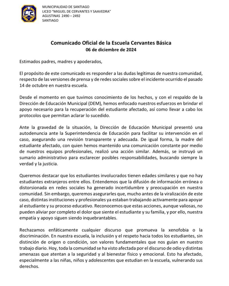 Caso de niño empalado: Establecimiento desmiente que los involucrados sean de nacionalidad venezolana -Instagram Escuela Cervantes Básica de Santiago