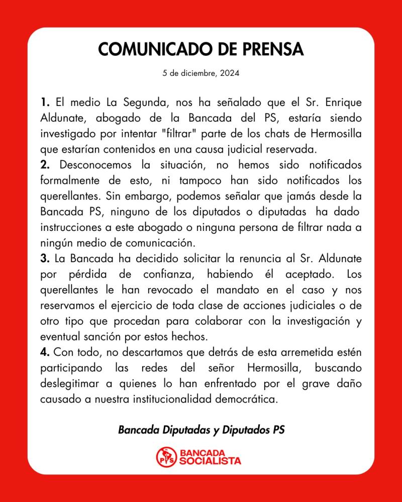 Comunicado del PS por investigación contra abogado