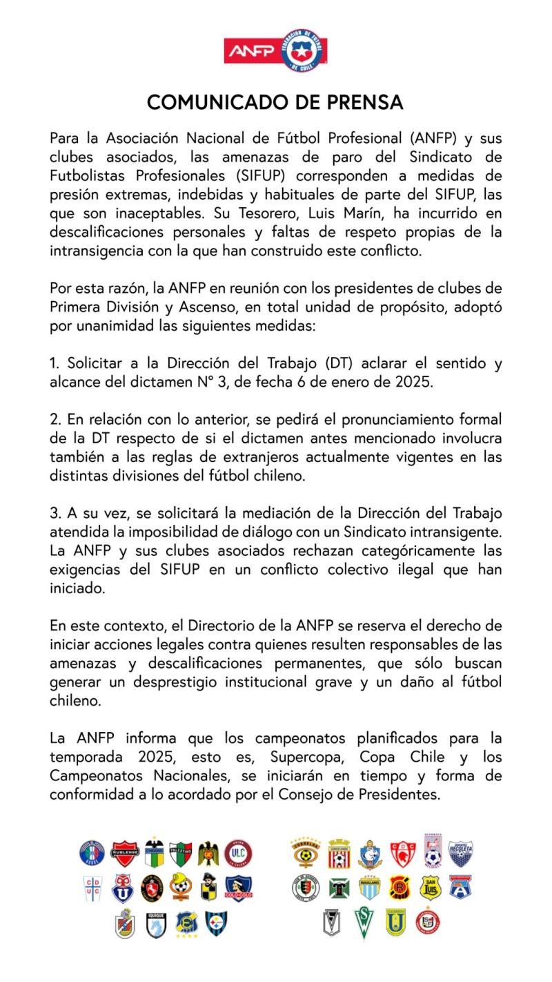 Comunicado de prensa de ANFP contra Sifup - Créditos: ANFP