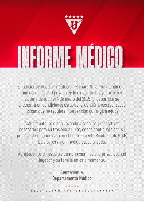 Richard Mina, jugador de Liga de Quito, es herido de bala tras violento asalto en Ecuador | Instagram