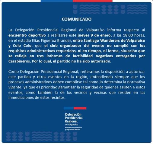 Delegación Presidencial duelo de S. Wanderers y Colo Colo - Créditos: Redes Sociales