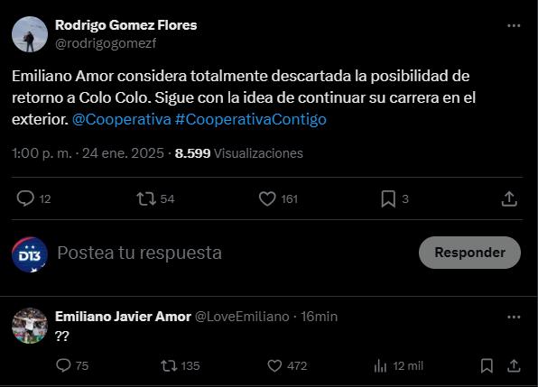 Emiliano Amor reacciona por descarte de Colo Colo - Créditos: Redes Sociales