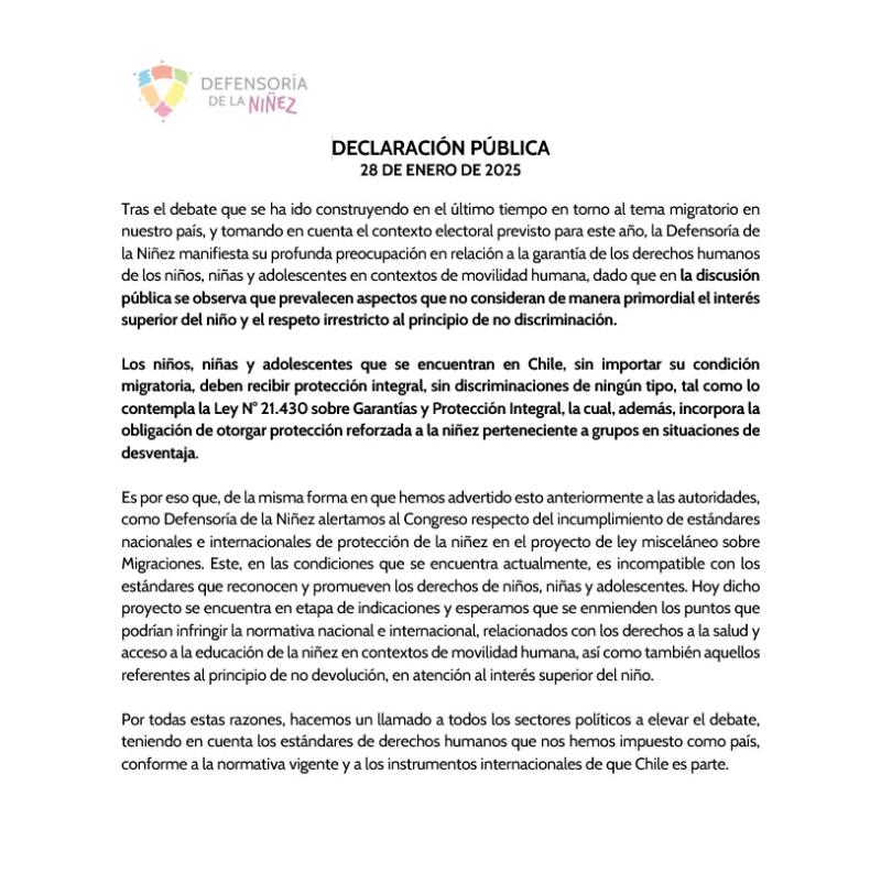 Comunicado Defensoría de la Niñez por niños migrantes