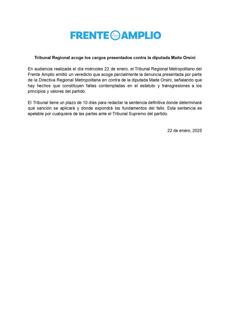 Tribunal Regional del FA acoge parcialmente denuncia en contra de diputada Orsini