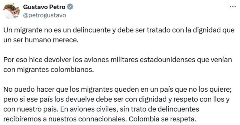 Gustavo Petro niega acceso a aviones de deportación