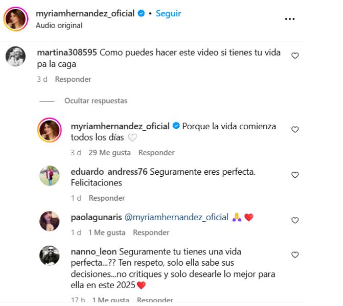 "Cómo puedes hacer este video..." Myriam Hernández responde a polémico comentario en su Instagram - Captura Instagram Myriam Hernández
