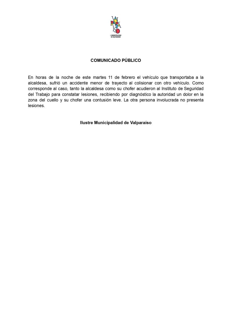 Comunicado Municipalidad de Valparaíso por accidente de alcaldesa Nieto