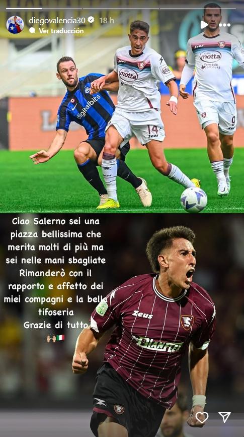 La polémica publicación con la que se despidió Diego Valencia del Salernitana - Créditos: Captura