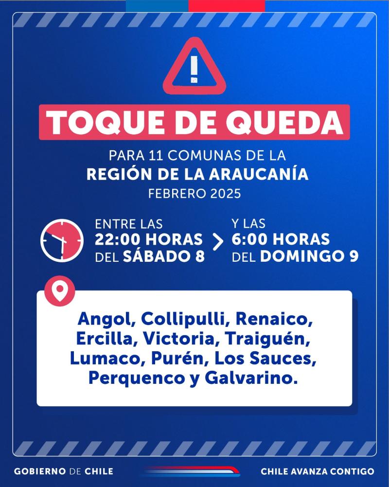 En la tarde de este sábado 8 de febrero, el Servicio Nacional de Prevención y Respuesta ante Desastres (Senapred) solicitó evacuar el sector de Bajo Malleco en la comuna de Collipulli, Región de La Araucanía, por incendio forestal. El organismo recomendó actuar con calma y acatar las indicaciones de la autoridad y equipos de respuesta. Toque de queda por incendio forestal Cabe recordar que en la mañana de este sábado, el presidente Gabriel Boric decretó estado de emergencia para las regiones de Ñuble y Maule y toque de queda para once comunas de la región de La Araucanía.