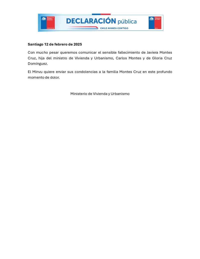 Declaración Minvu - Muere exsubsecretaria Javiera Montes, hija del ministro de Vivienda y Urbanismo, Carlos Montes