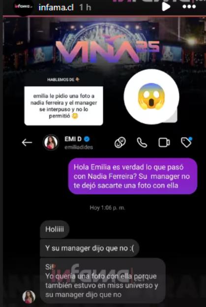 Infama - La negativa que recibió Emilia Dides al intentar fotografiarse con la esposa de Marc Anthony en Viña 2025