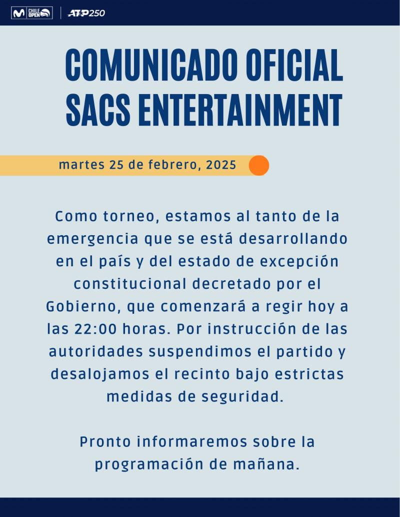 El comunicado de la organizadora ante el toque de queda - Créditos: Chile Open