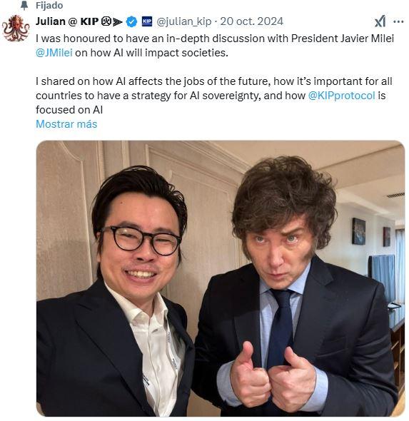 Milei con el fundador de KIP Protocol, Julian Peh