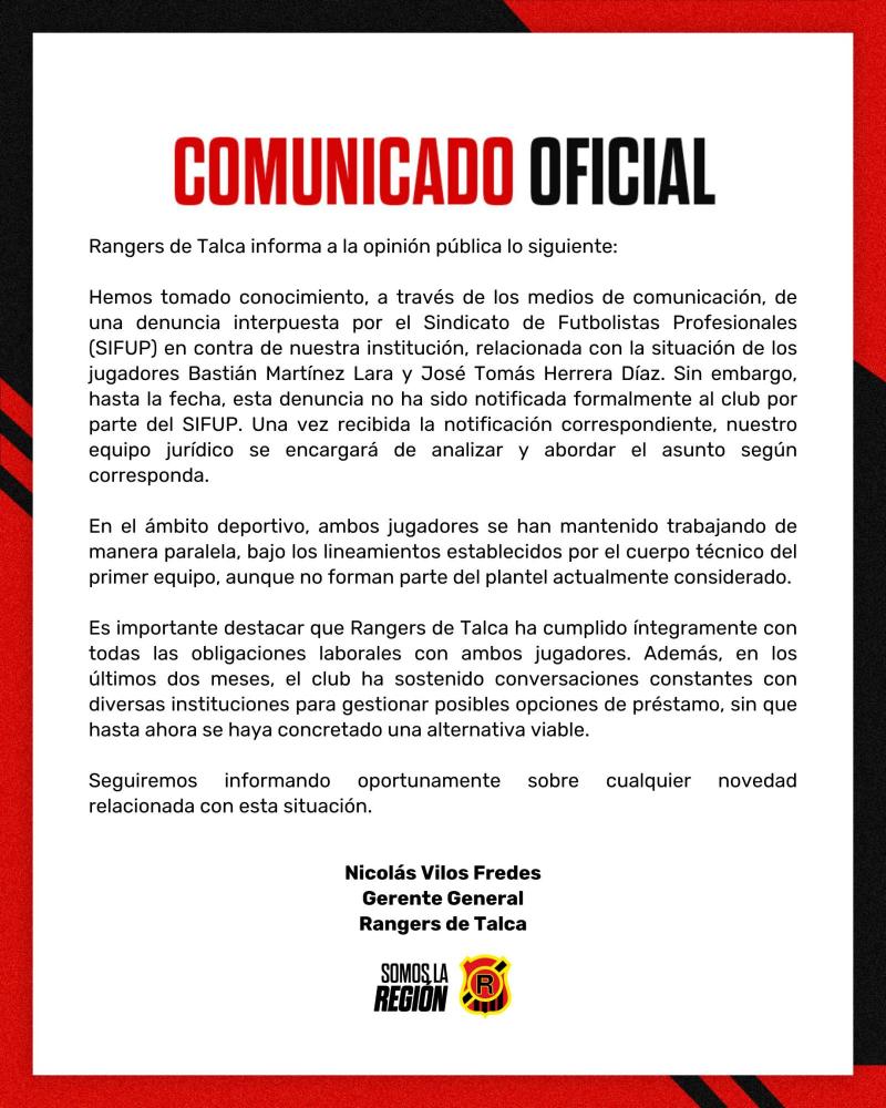 Comunicado de Rangers en respuesta al Sifup - Créditos: Rangers de Talca