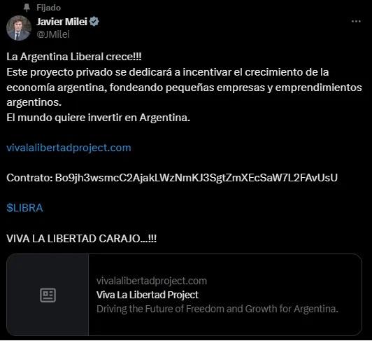 Captura de pantalla de la cuenta de Javier Milei en X (antes Twitter)