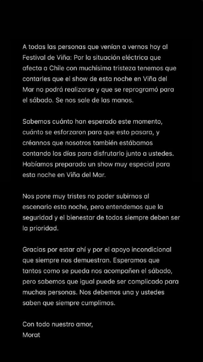 Instagram - Morat lamenta suspensión de la tercera noche de Viña