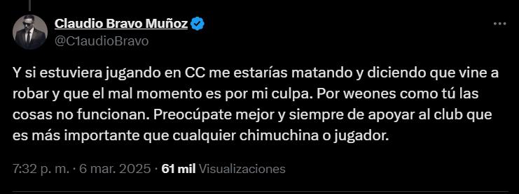 Claudio Bravo se descarga en redes sociales - Créditos: X