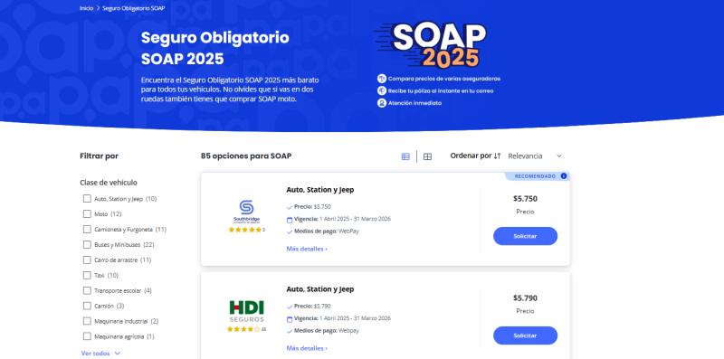Compara aquí los precios del SOAP 2025 - Captura de pantalla del sitio comparaonline.cl