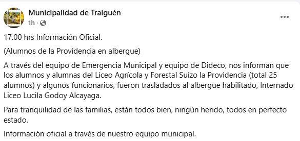 Comunicado Municipalidad de Traiguén por liceo quemado