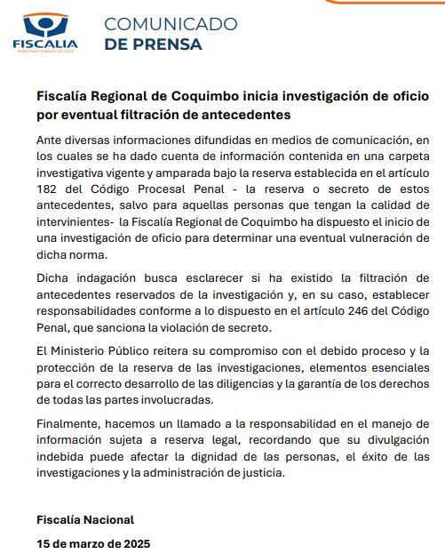 Comunicado fiscalía investigación por filtración de chats de Cariola.