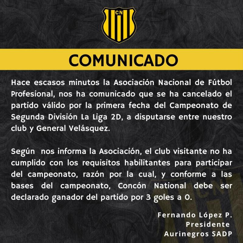 El comunicado de Concon National sobre la suspensión de su duelo con General Velázquez en tercera del fútbol chileno - Créditos: Concon National