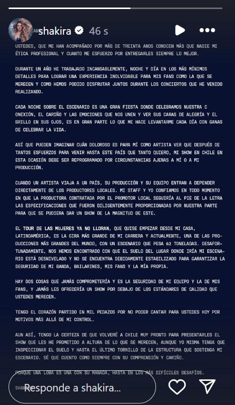Instagram - Shakira emite comunicado tras cancelación de conciertos en Chile