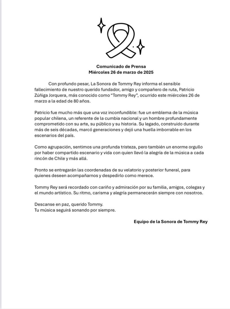 Comunicado de La Sonora de Tommy Rey