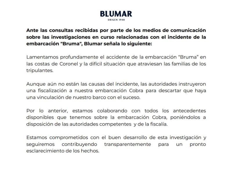 Comunicado de Blumar por pescadores desaparecidos en Coronel
