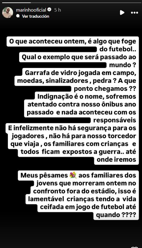 El desahogo de Marinho, jugador de Fortaleza, en Instagram - Créditos: Captura