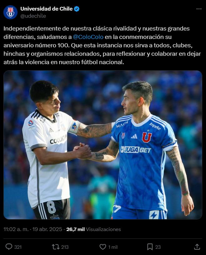 U de Chile saludó a Colo Colo por su Centenario - Créditos: Captura X